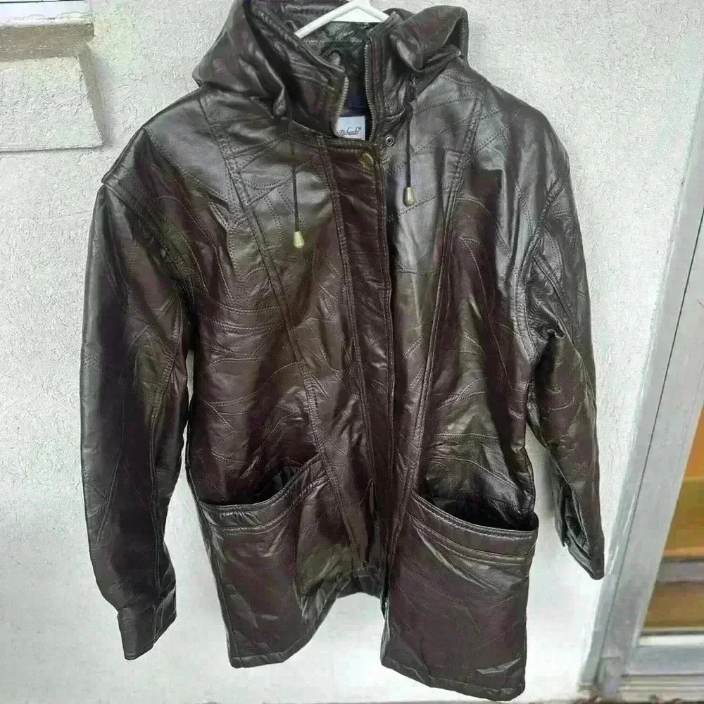 Brown Leather Hooded Jacket. Size large. Leather barn coat chore jacket